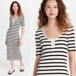 GANNI Striped Ribbed Midi Dress Knit Cotton Black/White Minimal Size XL NWT